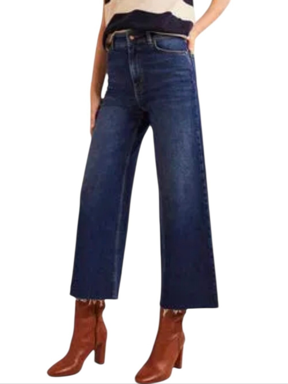 Boden High Rise Wide Leg Crop Jeans Raw Frayed Hem Comfort Stretch Dark Wash 14